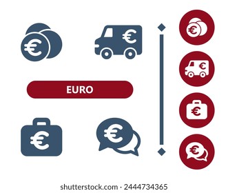 Euro icons. Coins, Coin, armored truck, briefcase, suitcase, chat bubble, wealth icon. Professional, 32x32 pixel perfect vector icon.