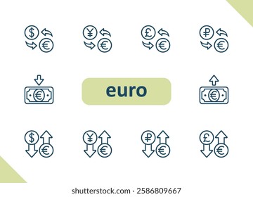 Euro icons. Currency, conversion, exchange rate, dollar, ruble, yen, yuan, pound vector icon set