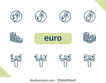 Euro icons. Currency, conversion, exchange rate, dollar, ruble, yen, yuan, pound vector icon set