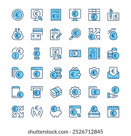 Euro icons. Outline symbols. Vector blue line icons set