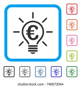Euro Idea Bulb icon. Flat gray iconic symbol inside a light blue rounded square. Black, gray, green, blue, red, orange color additional versions of Euro Idea Bulb vector.