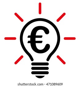 Euro Idea Bulb icon. Vector style is bicolor flat iconic symbol with rounded angles, intensive red and black colors, white background.