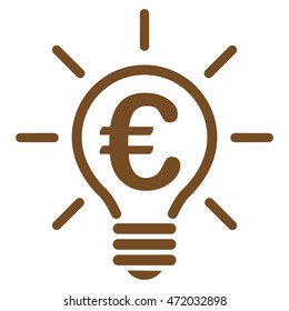 Euro Idea Bulb icon. Vector style is flat iconic symbol with rounded angles, brown color, white background.