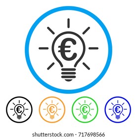 Euro Idea Bulb icon. Vector illustration style is a flat iconic euro idea bulb gray rounded symbol inside light blue circle with black, green, blue, yellow color variants.