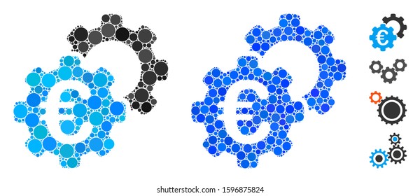 Euro industrial mosaic of filled circles in different sizes and color hues, based on Euro industrial icon. Vector filled circles are combined into blue mosaic.