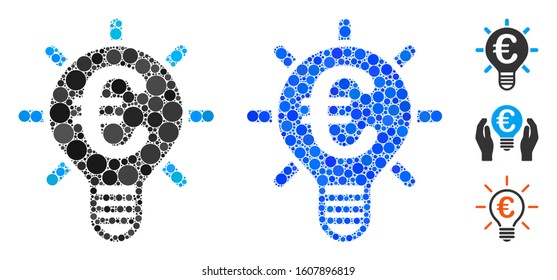 Euro innovation composition of small circles in various sizes and shades, based on Euro innovation icon. Vector small circles are organized into blue collage.