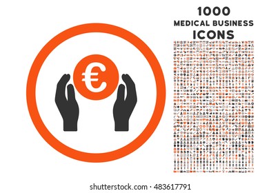 Euro Insurance Hands rounded vector bicolor icon with 1000 medical business icons. Set style is flat pictograms, orange and gray colors, white background.
