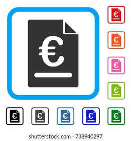 Euro Invoice icon. Flat gray pictogram symbol in a light blue rounded rectangular frame. Black, gray, green, blue, red, orange color variants of Euro Invoice vector.