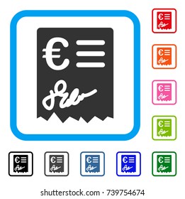 Euro Invoice icon. Flat gray pictogram symbol in a light blue rounded rectangular frame. Black, gray, green, blue, red, orange color variants of Euro Invoice vector.