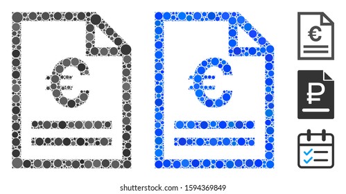 Euro invoice page composition of round dots in various sizes and color tinges, based on Euro invoice page icon. Vector round dots are combined into blue composition.