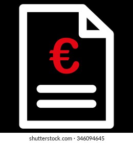 Euro Invoice vector icon. Style is bicolor flat symbol, red and white colors, rounded angles, black background.