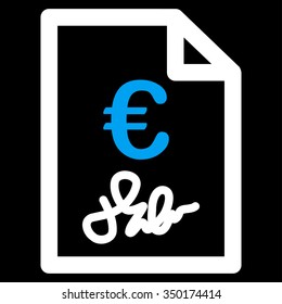 Euro Invoice vector icon. Style is bicolor flat symbol, blue and white colors, rounded angles, black background.