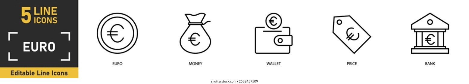 Conjunto de iconos de línea de euro. Conjunto de 5 iconos de contorno relacionados con el euro, dinero, cartera, Precio, banco y más. Ilustración vectorial.