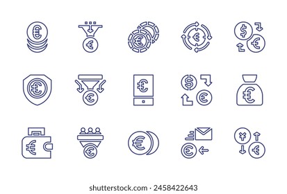 Conjunto de iconos de línea del euro. Trazo editable. Ilustración vectorial. Contiene euro, bolsa de dinero, teléfono inteligente, escudo, cambio de divisas, moneda, devolución, cambio, canalización de ventas, cambio.