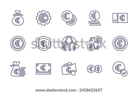 Euro line icon set. Editable stroke. Vector illustration. Containing euro, money bag, money exchange, earnings, money, gear, insurance.