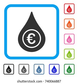 Euro Liquid Drop icon. Flat gray pictogram symbol inside a light blue rounded rectangular frame. Black, gray, green, blue, red, orange color versions of Euro Liquid Drop vector.