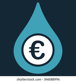 Euro Liquid Drop vector icon. Style is bicolor flat symbol, blue and white colors, rounded angles, dark blue background.