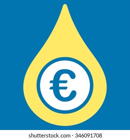 Euro Liquid Drop vector icon. Style is bicolor flat symbol, yellow and white colors, rounded angles, blue background.
