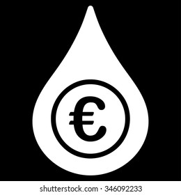 Euro Liquid Drop vector icon. Style is flat symbol, white color, rounded angles, black background.