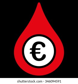 Euro Liquid Drop vector icon. Style is bicolor flat symbol, red and white colors, rounded angles, black background.