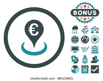Euro Location icon with bonus elements. Vector illustration style is flat iconic bicolor symbols, soft blue colors, white background.