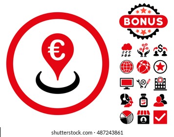 Euro Location icon with bonus images. Vector illustration style is flat iconic bicolor symbols, intensive red and black colors, white background.