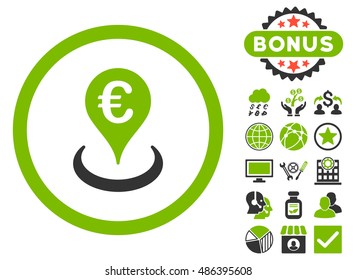 Euro Location icon with bonus pictures. Vector illustration style is flat iconic bicolor symbols, eco green and gray colors, white background.