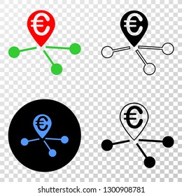 Euro location links EPS vector pictograph with contour, black and colored versions. Illustration style is flat iconic symbol on chess transparent background.