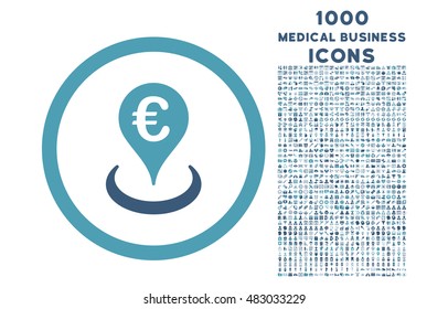 Euro Location rounded vector bicolor icon with 1000 medical business icons. Set style is flat pictograms, cyan and blue colors, white background.