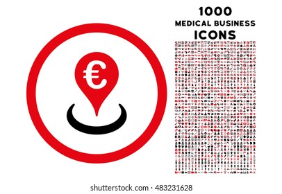 Euro Location rounded vector bicolor icon with 1000 medical business icons. Set style is flat pictograms, intensive red and black colors, white background.