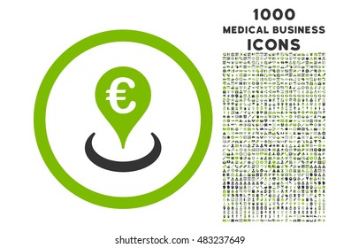 Euro Location rounded vector bicolor icon with 1000 medical business icons. Set style is flat pictograms, eco green and gray colors, white background.