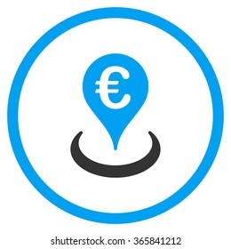 Euro Location vector icon. Style is bicolor flat circled symbol, blue and gray colors, rounded angles, white background.