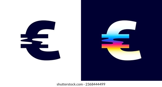 Euro logo with color glitch. Neon double exposure style. Multicolor gradient sign with hologram and illusion effect. Glowing color shift vector icon for nightlife labels, game screens, vibrant adv