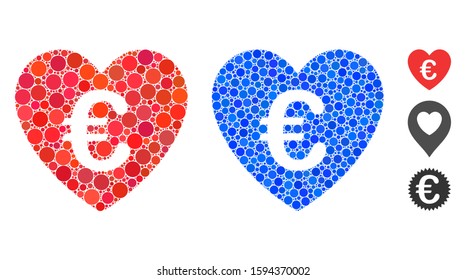 Euro love heart mosaic of circle elements in various sizes and color tints, based on Euro love heart icon. Vector circle elements are united into blue mosaic.
