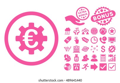 Euro Machinery icon with bonus clip art. Vector illustration style is flat iconic symbols, pink color, white background.