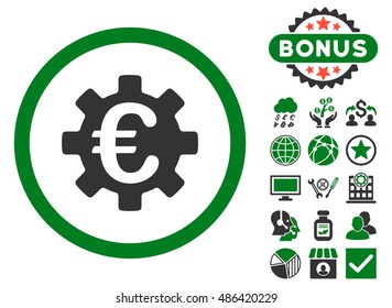 Euro Machinery icon with bonus elements. Vector illustration style is flat iconic bicolor symbols, green and gray colors, white background.