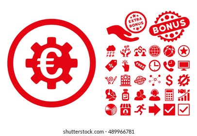 Euro Machinery pictograph with bonus symbols. Vector illustration style is flat iconic symbols, red color, white background.