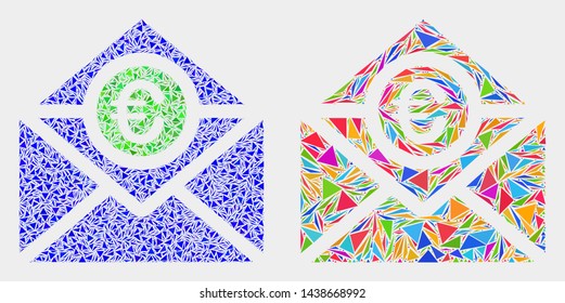 Euro mail collage icon of triangle items which have different sizes and shapes and colors. Geometric abstract vector illustration of euro mail.