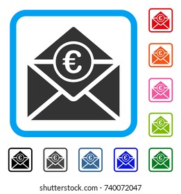 Euro Mail icon. Flat grey pictogram symbol inside a light blue rounded rectangle. Black, gray, green, blue, red, orange color additional versions of Euro Mail vector.