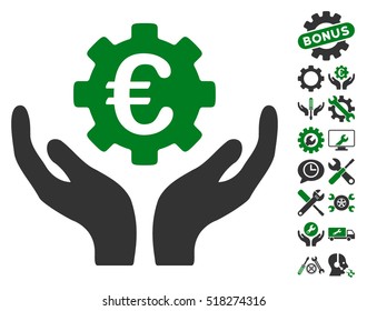 Euro Maintenance Hands icon with bonus service pictograms. Vector illustration style is flat iconic green and gray symbols on white background.
