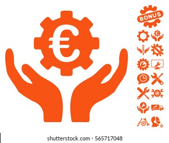 Euro Maintenance Hands pictograph with bonus configuration pictograms. Vector illustration style is flat iconic orange symbols on white background.