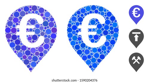 Euro map marker composition of round dots in various sizes and color tints, based on Euro map marker icon. Vector round dots are composed into blue composition.