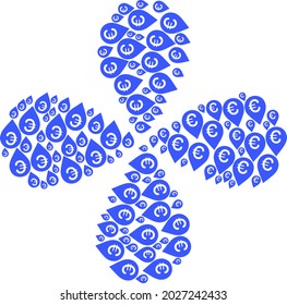 Euro map marker curl abstract flower. Element twist organized from oriented euro map marker symbols. Vector flower collage in flat style.