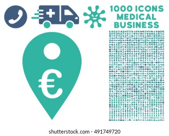 Euro Map Marker icon with 1000 medical commercial cobalt and cyan vector design elements. Design style is flat bicolor symbols, white background.