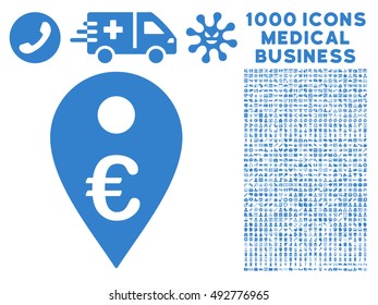 Euro Map Marker icon with 1000 medical commercial cobalt vector design elements. Collection style is flat symbols, white background.