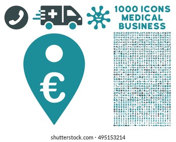Euro Map Marker icon with 1000 medical business soft blue vector pictograms. Design style is flat bicolor symbols, white background.