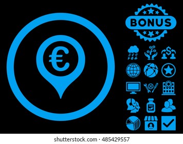 Euro Map Marker icon with bonus pictures. Vector illustration style is flat iconic symbols, blue color, black background.