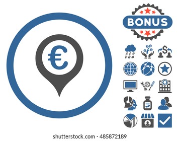Euro Map Marker icon with bonus pictures. Vector illustration style is flat iconic bicolor symbols, cobalt and gray colors, white background.