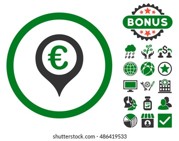 Euro Map Marker icon with bonus design elements. Vector illustration style is flat iconic bicolor symbols, green and gray colors, white background.