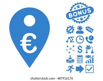 Euro Map Marker pictograph with bonus images. Vector illustration style is flat iconic symbols, cobalt color, white background.